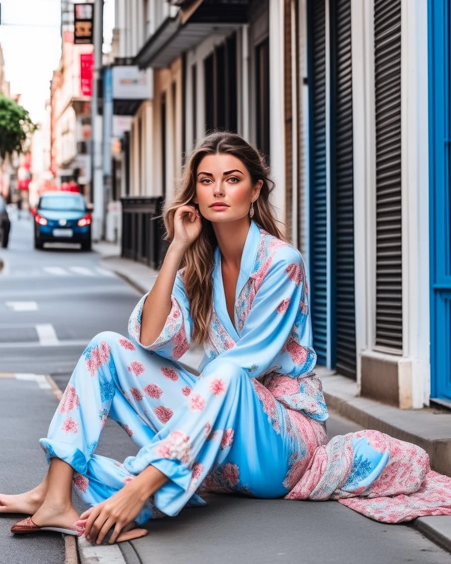 a supermodel in designer sleepwear sitting on street for magazine cover photoshoot