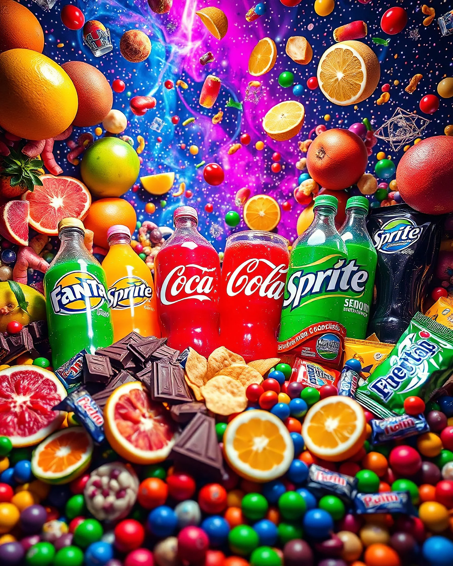 An image filled with Fanta, Coca-Cola, Sprite, chocolate, fruit juices, various fruits, fruit slices, various chocolates from global brands, M&M chocolate, chips, snacks, and chewing gum in a psychedelic, colorful, and eye-catching space.