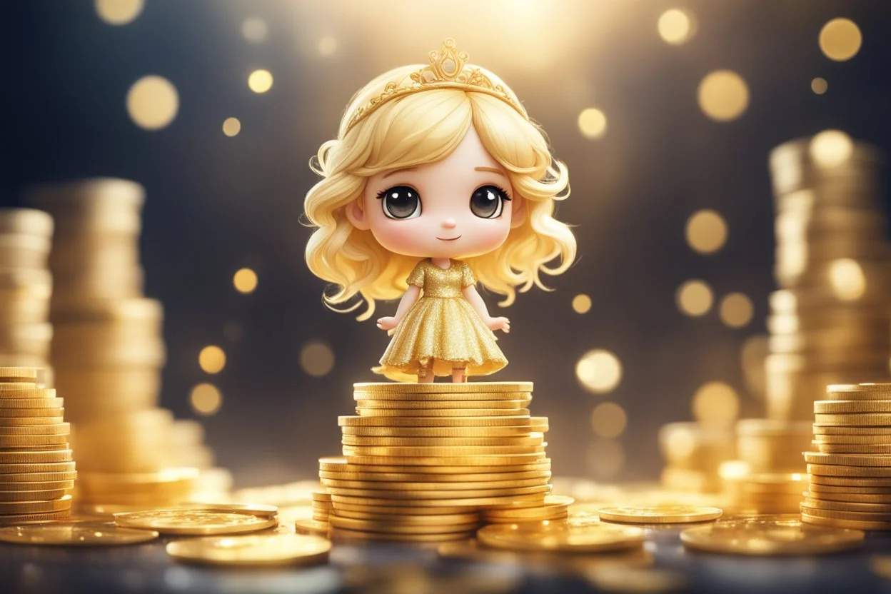 cute chibi blonde princess standing on golden coin stacks in sunshine, watercolor and black in outlines, golden glitter, ethereal, cinematic postprocessing, bokeh, dof