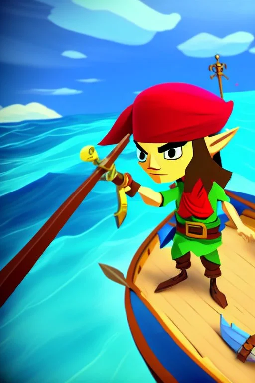 Cartoony Captain Jack Sparrow sailing on a small boat, in the middle of blue oceans, Legend Of Zelda: Wind Waker style, stylized, colorful, adventurous.