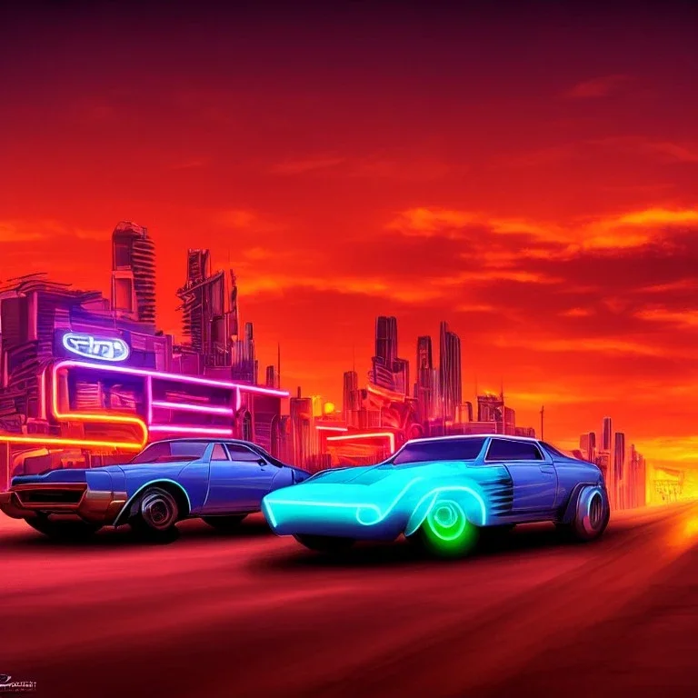 art deco, cyberpunk, two neon muscle cars, race, desert road, sunset, full colour, hd,