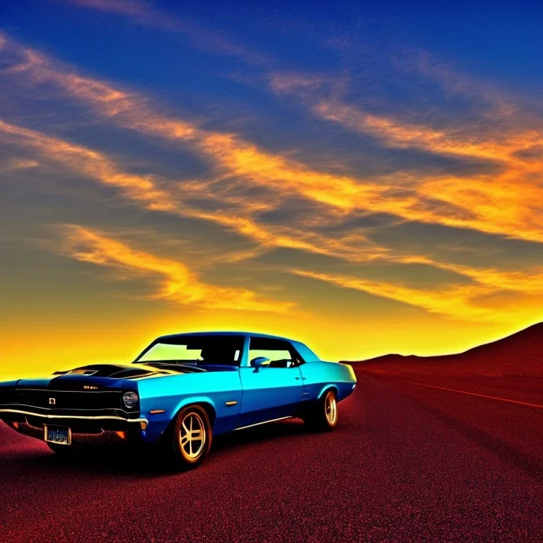 muscle car, desert road, sunset, full colour,