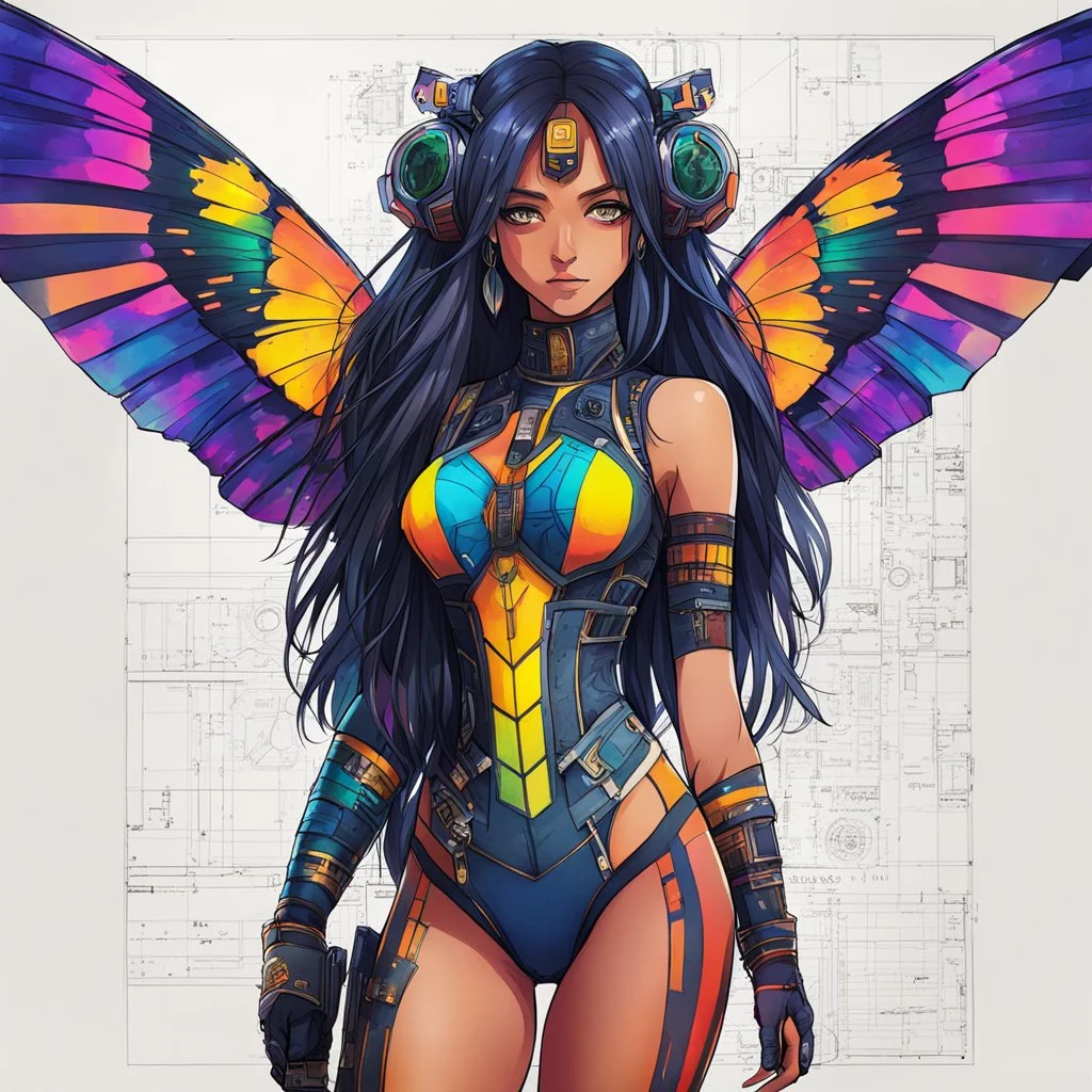 half body, long hair, with detailed blueprints and engineering schematics of a walking hybrid Madagascan sunset moth insect girl, in anime style, drawings, 8k, vibrant natural colors, tight bodysuit, white skin, wings above sholder