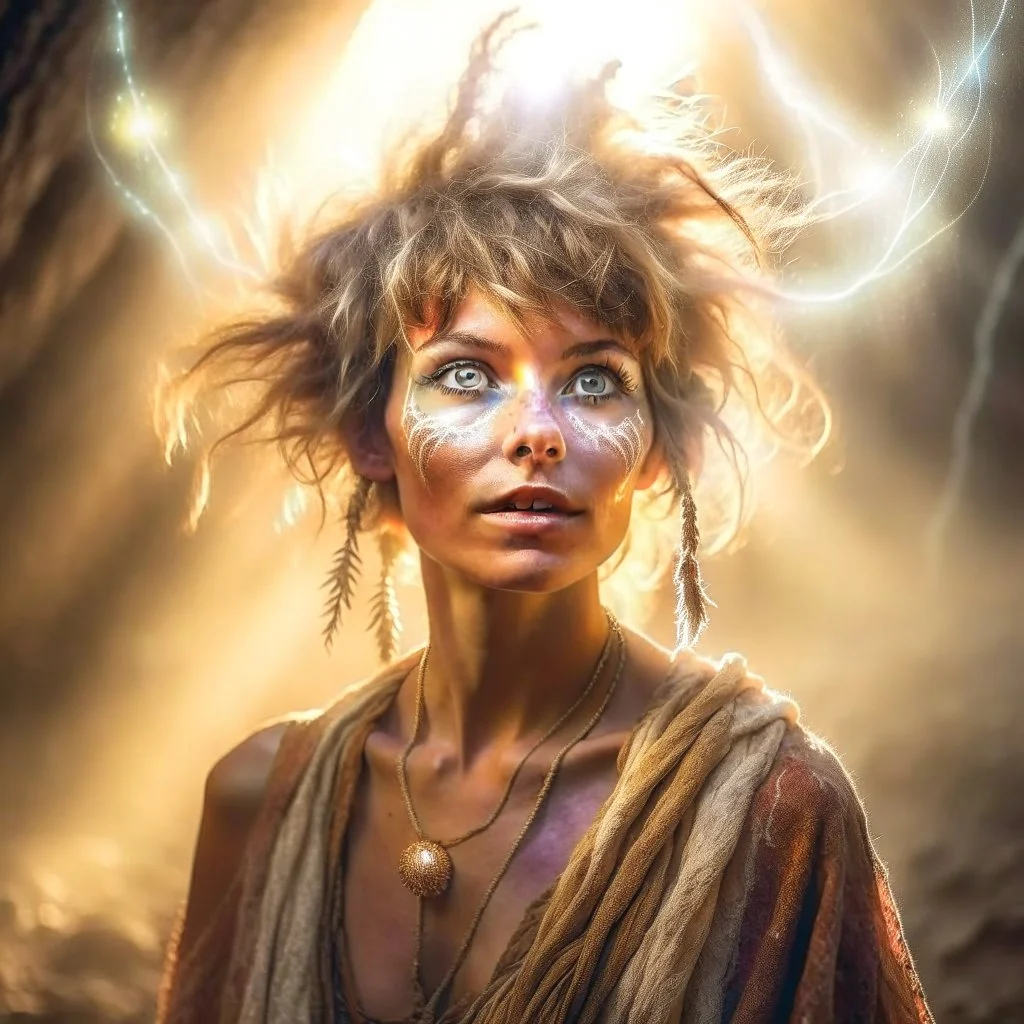 portrait of brown hippie pixie hovering in the underground grove sparkling light dust, in the style of dali, 8k, down-light, soft light, depth of field, photo realism, trending on art station, high detail, smoke and fog