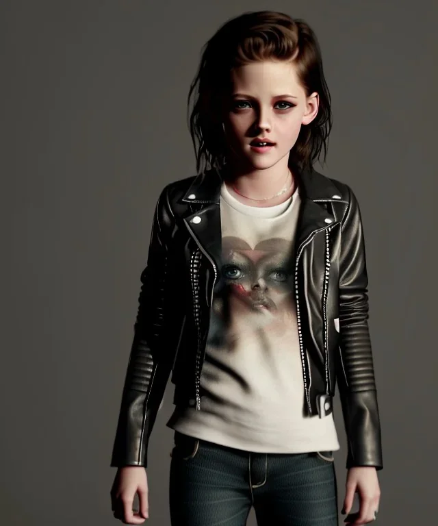 Kristen stewart toddler, full body, leather jacket, dramatic lighting, hyper realistic