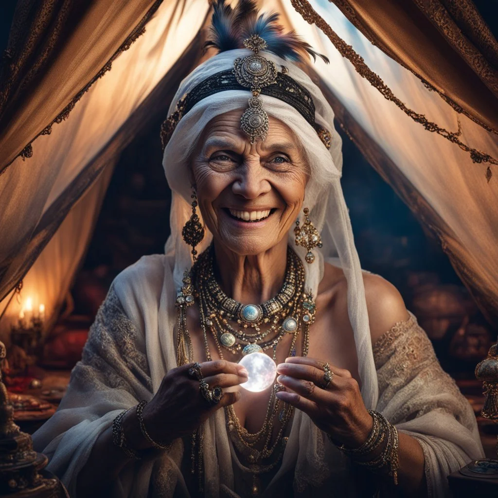 Hyper Realistic photographic-view of Terrifying-Old-Fortune-teller smiling with black-beed-necklace-&-bracelet Looking at her crystal-ball glowing magically & sitting in her tent decorated with fancy-traditional-ornaments-&-feathers showing dramatic & cinematic ambiance"