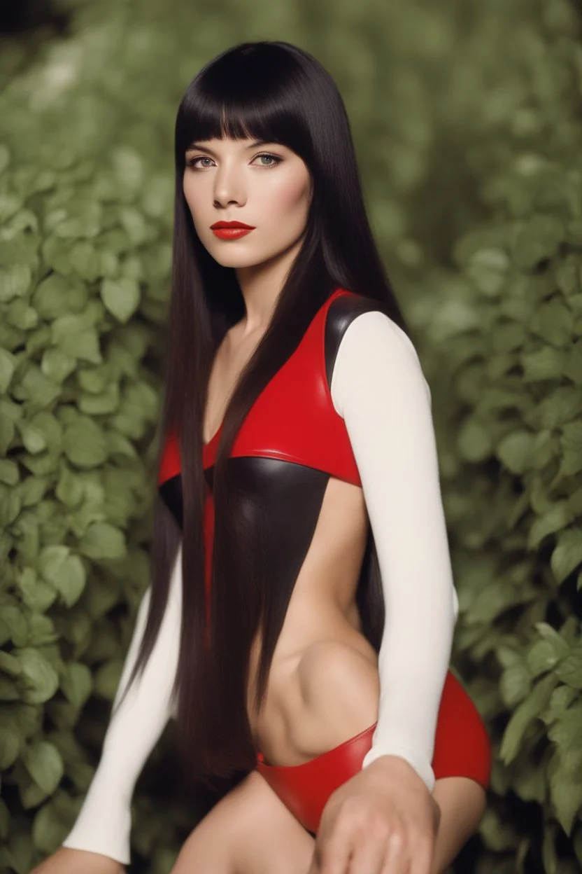 full color Portrait of 18-year-old Lenna Nimoy, with long, straight black hair, the bangs cut straight across the forehead, with a red leather bikini on - well-lit, UHD, 1080p, professional quality, 35mm photograph by Scott Kendall