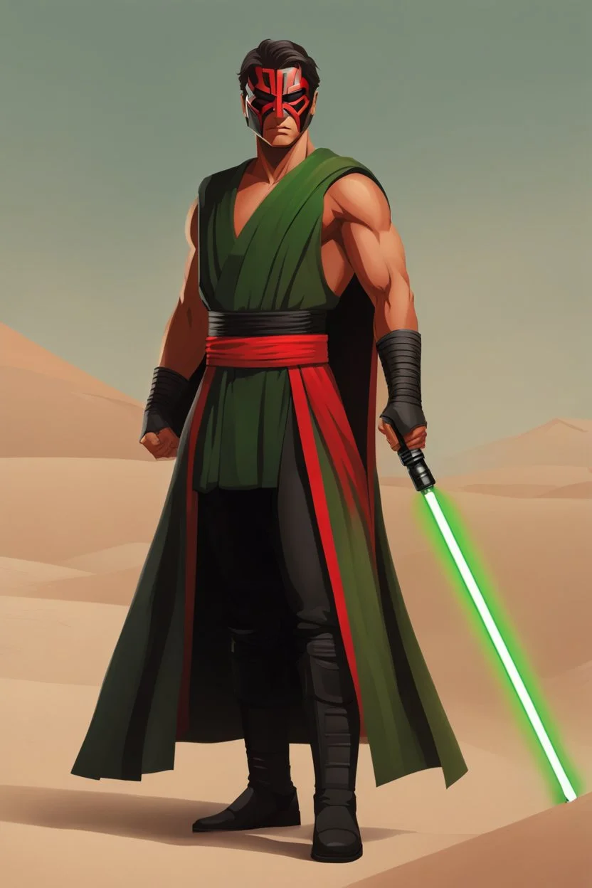 Full Muscular Body, Male Tan Human, Sith Empire, Red Bandage Blindfold. Green and Black Robes, Red Lightsaber