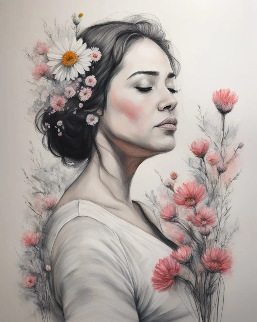 portrait, acrylic, fine drawing, Pregnancy, flowers,