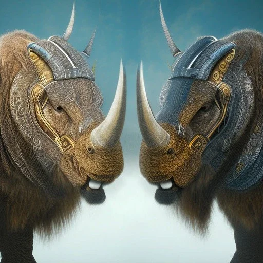 ù photo realistic, symetrical, centered, ultra detailed, digital art, in center is a portrait of highly detailed profile of head cyborg rhino , eyes filled with galaxy, dominating colors = gray light blue and dark gold, lightning, smoke,