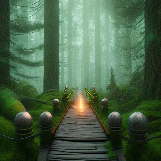 close up on slender green elf on wooden bridge in magical forest, torches, spray painting, foliage frame, fantasy art , movie poster, Realistic photography, incredibly detailed, ultra high resolution, 8k, complex 3d render, cinema 4d