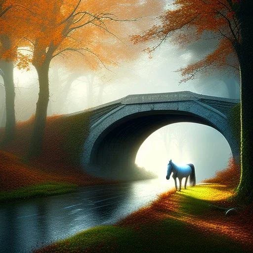 ultra realism, bridge over ravine in autumn,white radiating horse, fantasy art, spray paint, fog, light rays