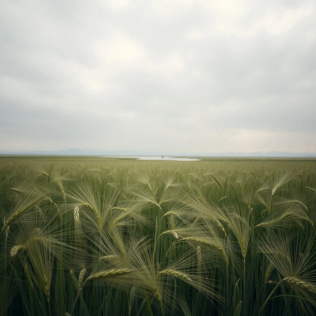 Melancholic, ultra-realistic photograph of a vast barley field swaying gently in the wind, delicate green stalks moving like waves, soft light of a cloudy sky, subtle haze in the distance, a lonely river glimmers faintly between the fields, atmosphere of quiet sadness and timeless beauty, cinematic, hyper-detailed, emotional and mesmerizing
