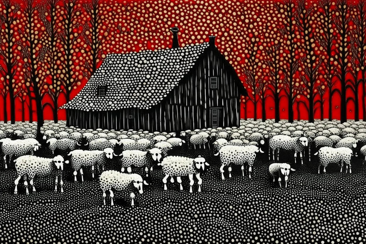 old barn in Style: Yayoi Kusama artist. landscape, pastoral, sheep