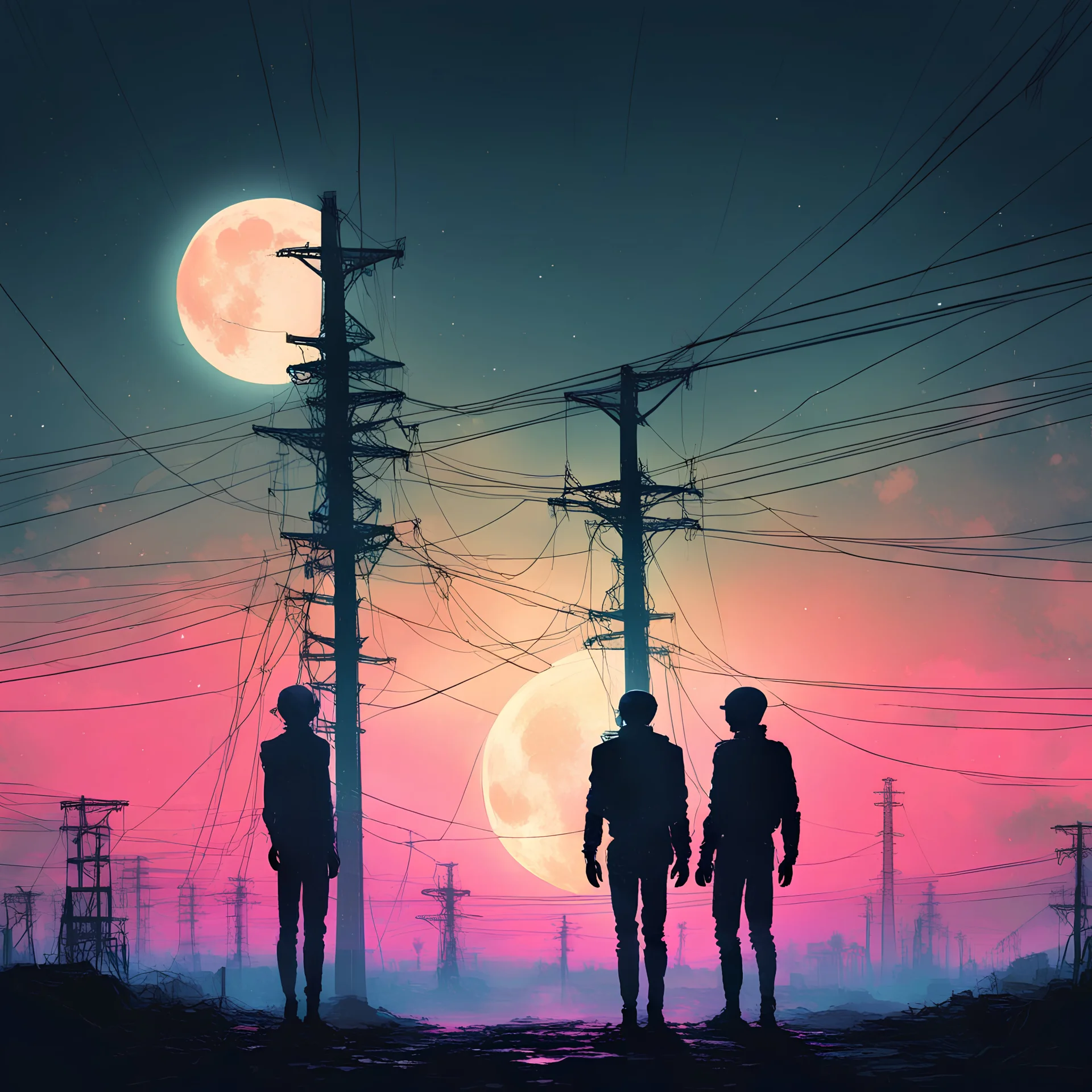 power line structures background, silhouettes of two androids in the foreground facing each other with an arm stretched out against a giant glowing full moon, neon glow, photolayer painterly styles, double exposure, dramatic, moody, romantic, by Pascal Campion and Petros Afshar, vaporwave