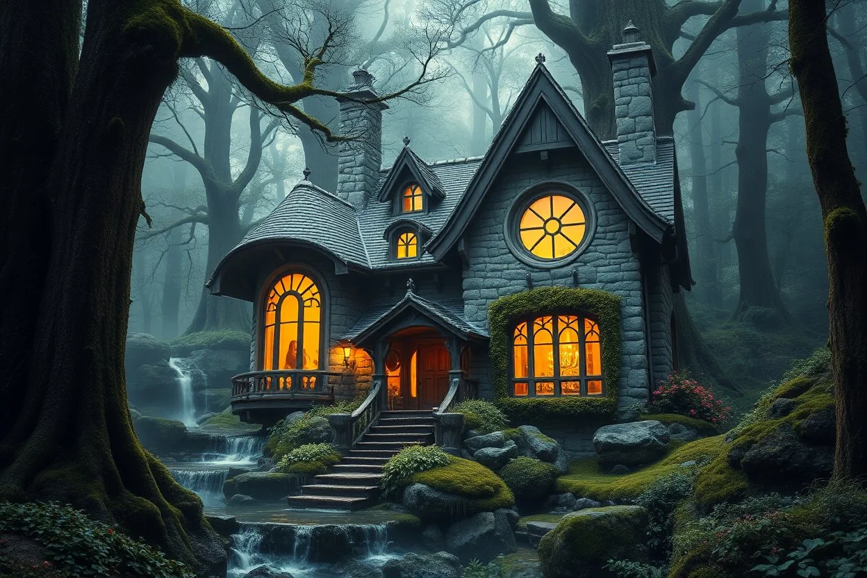 Ultra realistic photo of a magical beautiful house hidden in an ancient enchanted forest, built from natural stone and wood, large circular windows, glowing warm lights inside, surrounded by giant trees, moss, waterfalls and flowers, mystical atmosphere, fantasy architecture, practical and manufacturable design, breathtaking composition, cinematic lighting, volumetric fog, enchanting colors, highly detailed, masterpiece architecture, HOF, full size, (((realism, realphoto, photography, profession