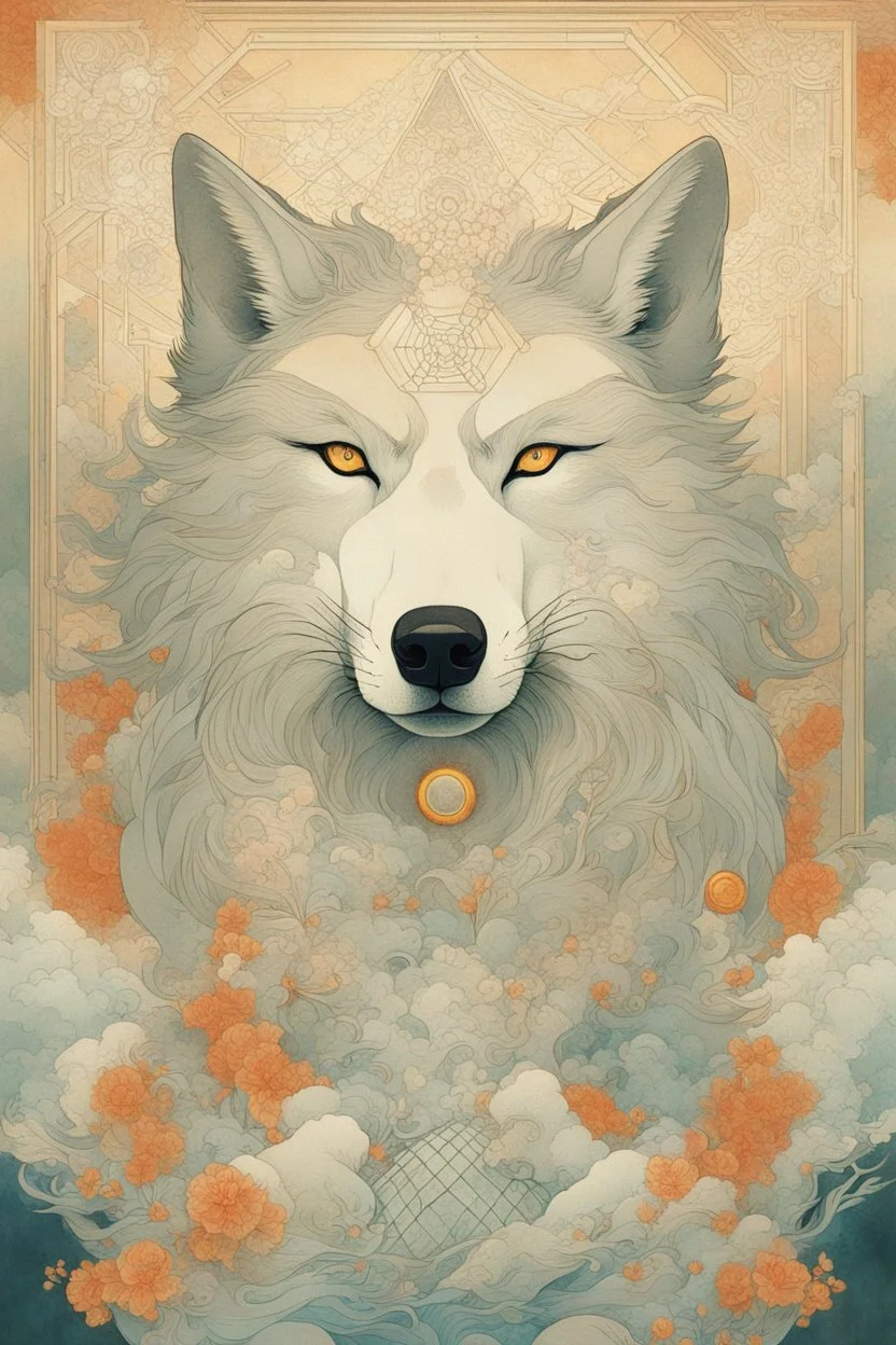 portrait of a mystic wolf, smoke, by victo ngai, by Hokusai, sacred geometry, medicine, sacred