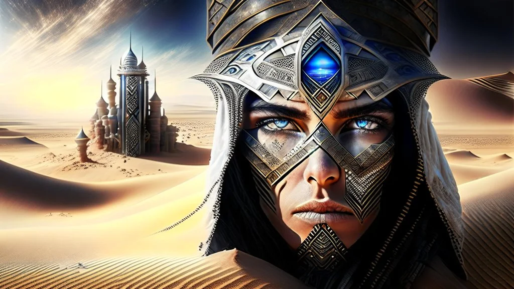 White desert sands with black tower painterly fantasy art matrix style cyborg portrait detailed symmetrical realistic eyes steampunk cyborg cyborg intricate detailed to scale hyperrealistic dark lighting digital concept art