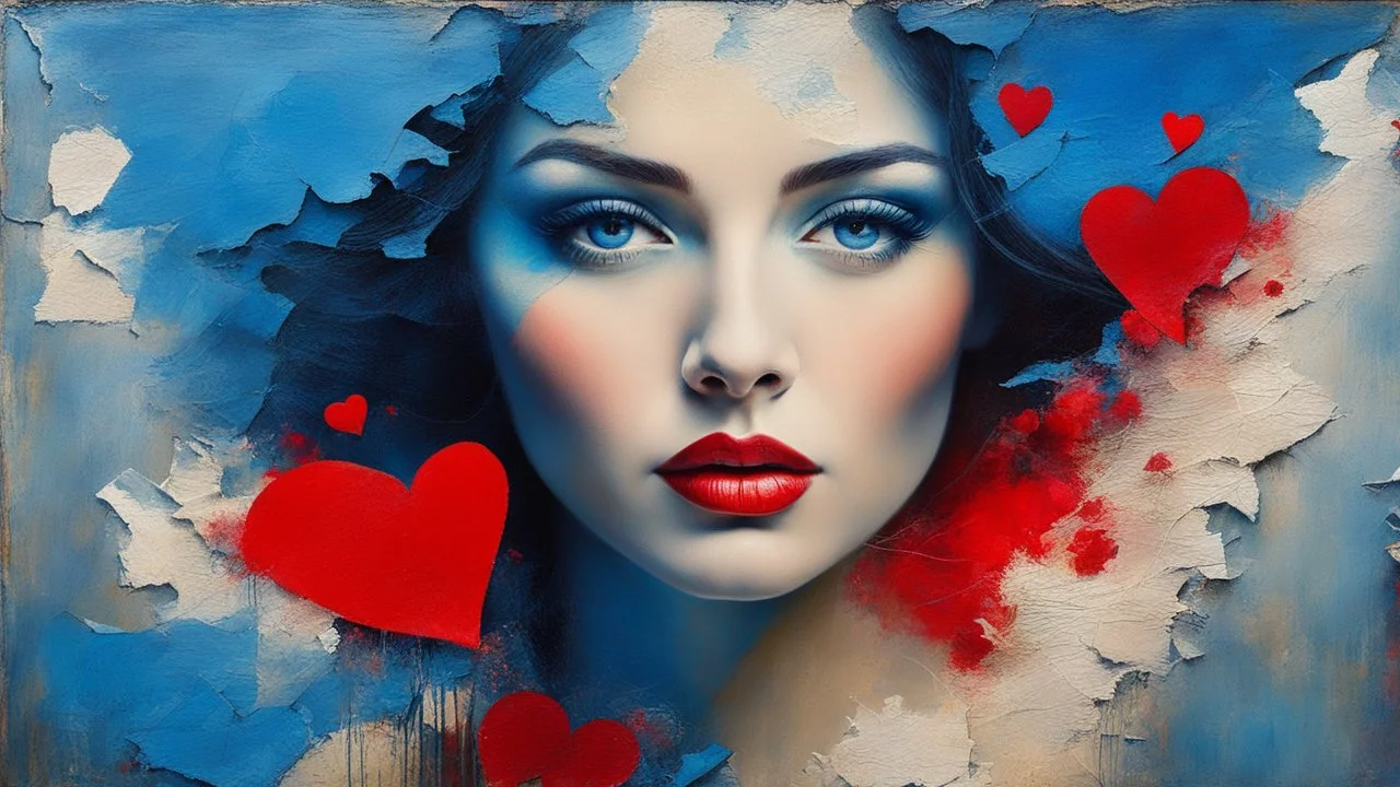 old painting, torn edges, blue, WOMAN, love, red heart, light, flower, double exposure, abstract surreal portrait, oil painting in impressionism, large strokes, airbrush effect, textured painting, antique style, vintage, semi-abstract, semi-realistic, surreal .