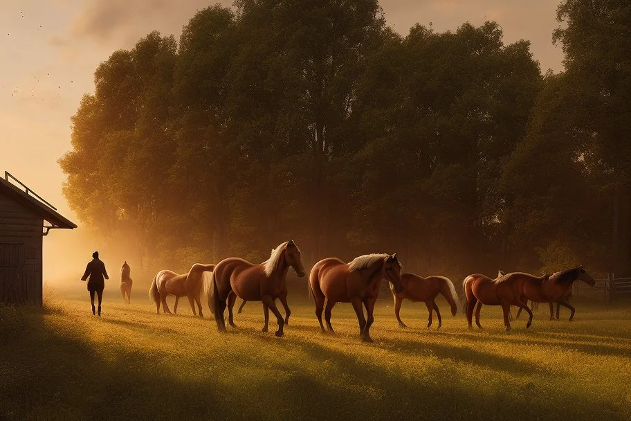 Fascinating, ultra-realistic nature in the photo. Golden autumn. A 32-year-old man in 19th-century Russian clothes walks towards the horses with his head raised to the sky, a smile on his face. In the background, a 19th-century estate and three horses stand at the outhouse.