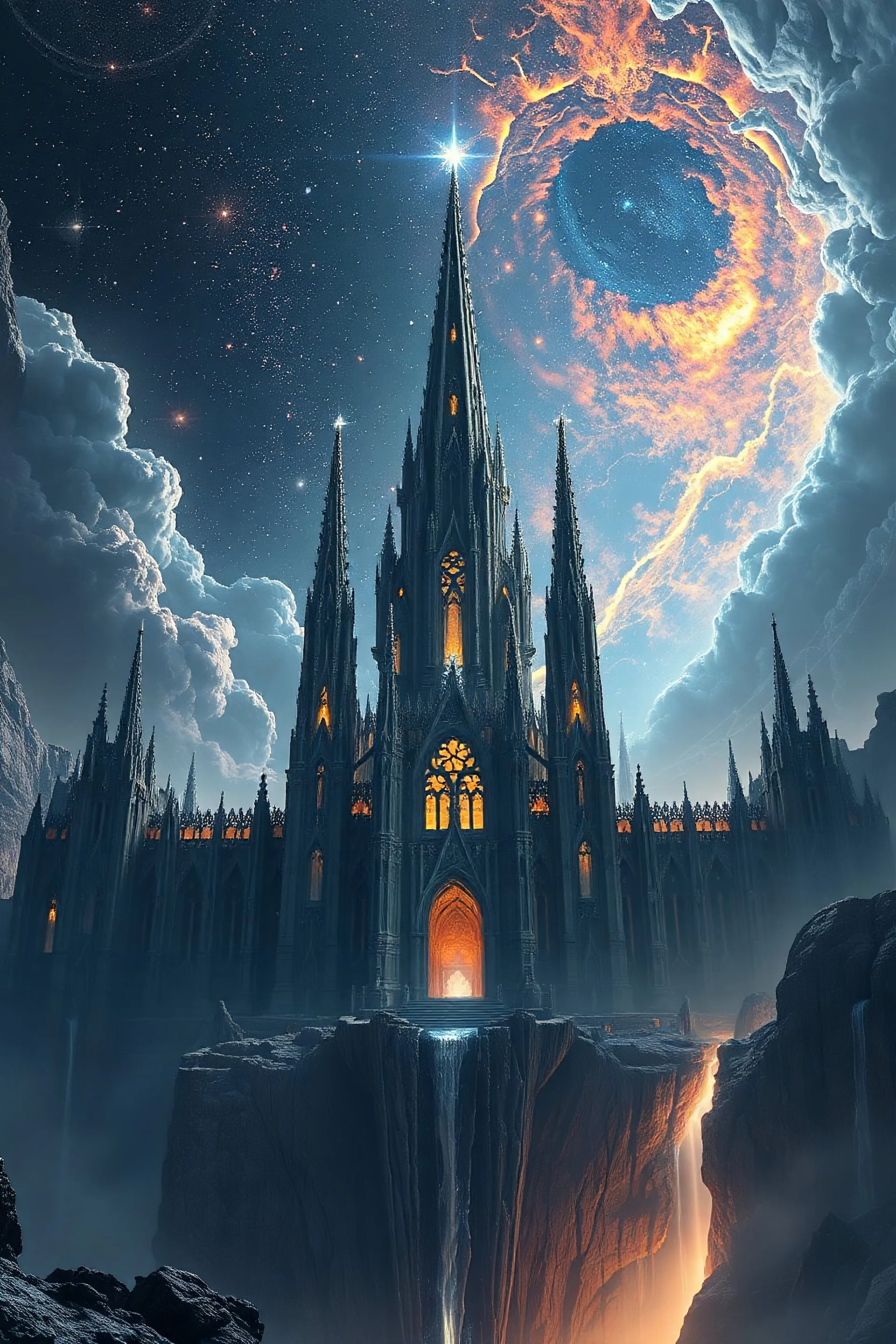 a colossal cathedral grown from black crystal, perched on the edge of a gravity rift, glowing constellations orbit its spires, the sky torn open by celestial storms, hyper-detailed very realistic professional photograph of a cosmic horror, surreal landscape