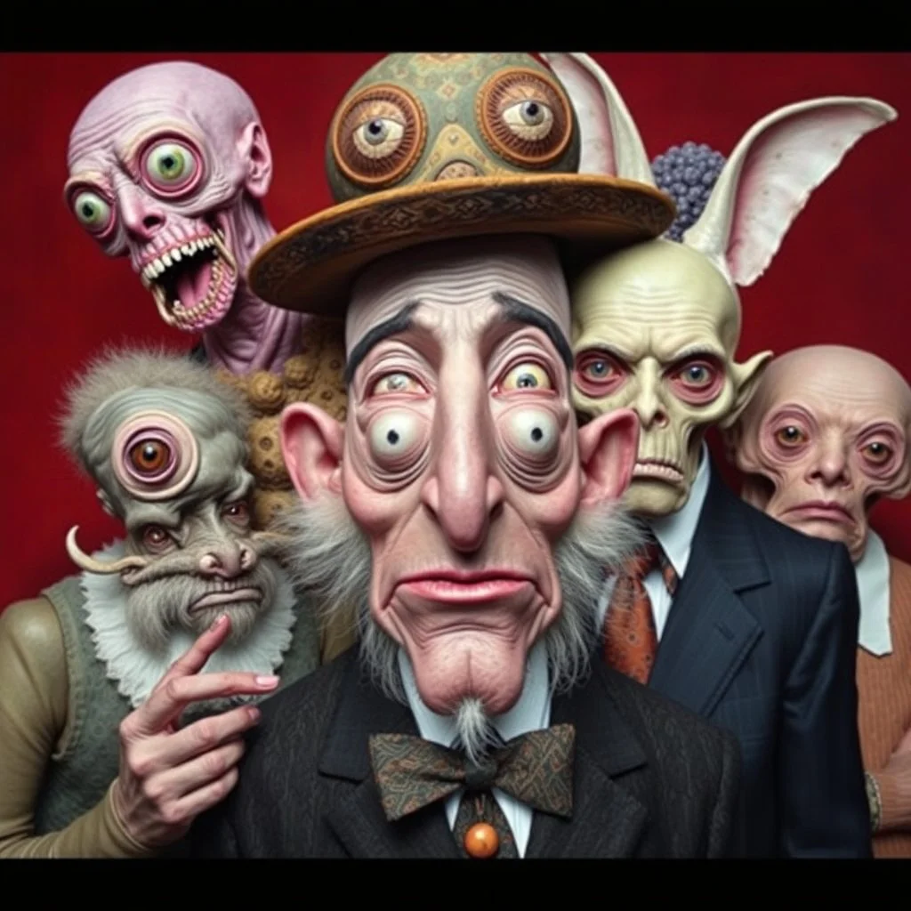 The oddest composition and mixture of beings, dadaism, details very accentuated, Max Ernst style, oniric, freaks, George Grosz, distorted, blatant, gross, mundane, Hasselblad h6d400c