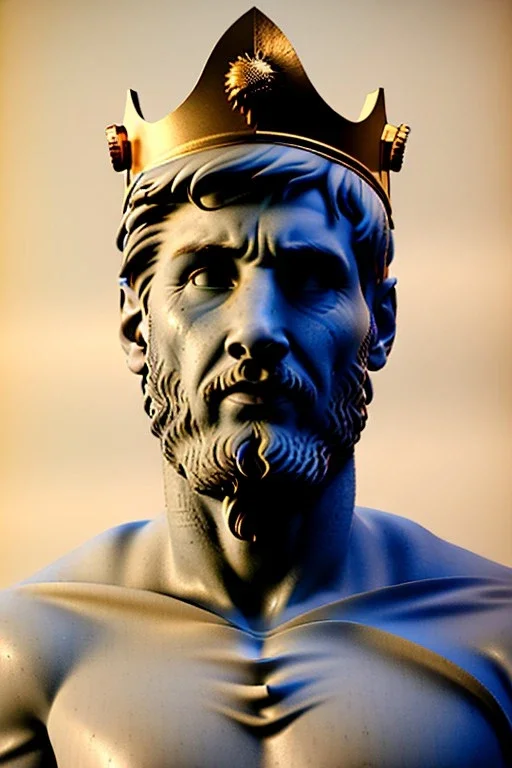 Ultra Realistic image, Roman sculpture, white marble material, Lionel Messi, gold crown of natural thorns, god crown, Renaissance style, sun rays background, waist up portrait, epic, celestial, cinematic lighting, God lights, 4k resolution, smooth details, soft lighting, unreal engine 5, art station, substance 3d.