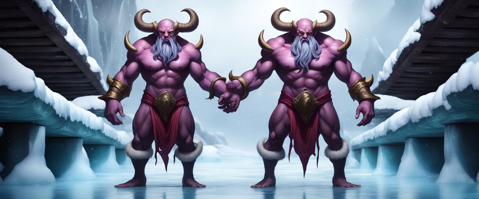 full body minotaur psionic master illithid santa in threatening pose in swimsuit on ice stone bridge, front and back,