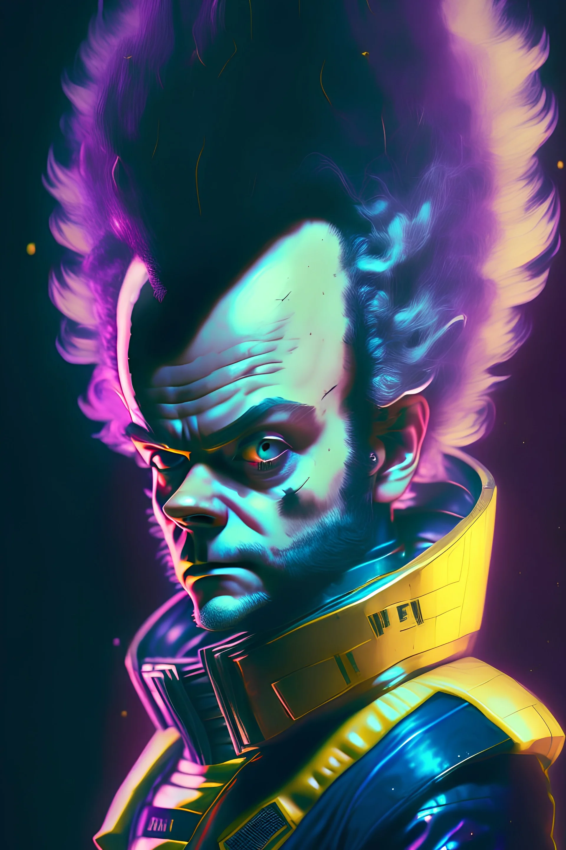 cyberpunk Vegeta astronaut, Rembrandt lighting, dark shadows, hyper-realistic, 80's portrait