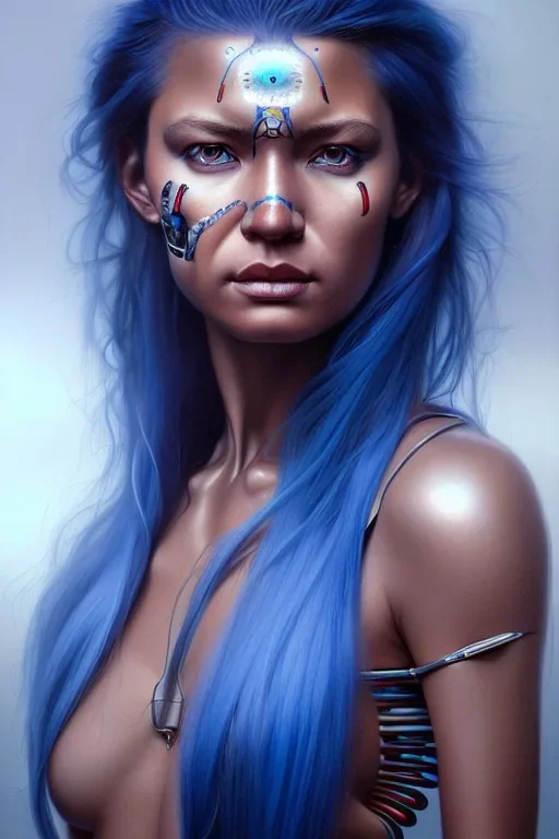 hiper realista, hiper detalhado, retrato de corpo inteiro, no estilo indígena, de uma mulher incrivelmente bonita com implantes biônicos, cabelos azuis, olhos brilhantes, arte de greg rutkowski, artgerm, wlop, rossdraws, boris vallejo