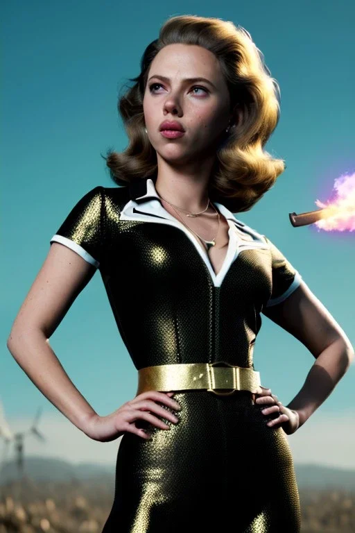 retro portrait image from 1960, explosion background, wind, long hair, young Scarlett Johansson, classic black tight lycra suit, metal stick weapon, gold bracelet and belt, high heel boots, soft color, highly detailed, unreal engine 5, ray tracing, RTX, lumen lighting, ultra detail, volumetric lighting, 3d, finely drawn, high definition, high resolution.