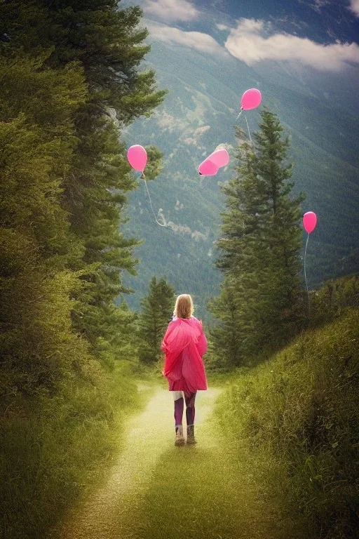 A beautiful girl walking along a mountain path, walking against the wind with balloons in her hand. nature, HD photography, Galen Rowell, David Muench, perfect composition, gloss, hyperrealism