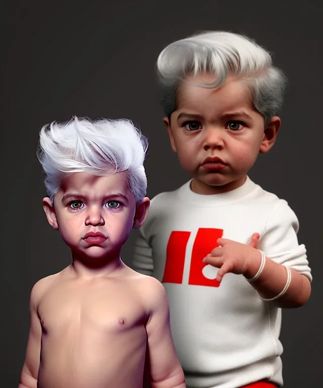 Pedro almodovar toddler, full body, white hair, dramatic lighting, hyper realistic