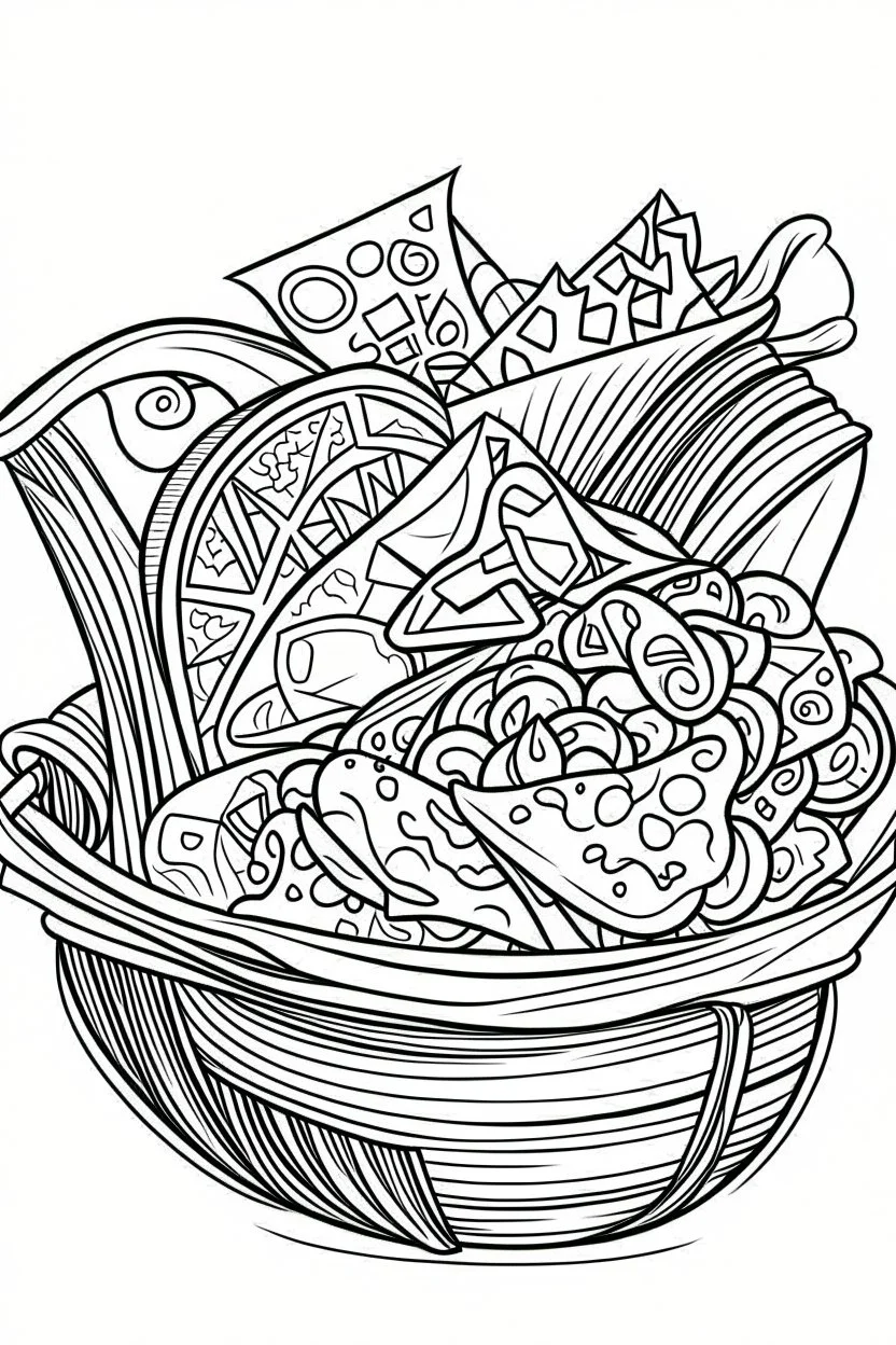 DRAW TO COLORING OF A BAG OF CHIPS, CARTOON STYLE, LOW DETAILS, THICK LINES, NO SHADING, NO COLOR