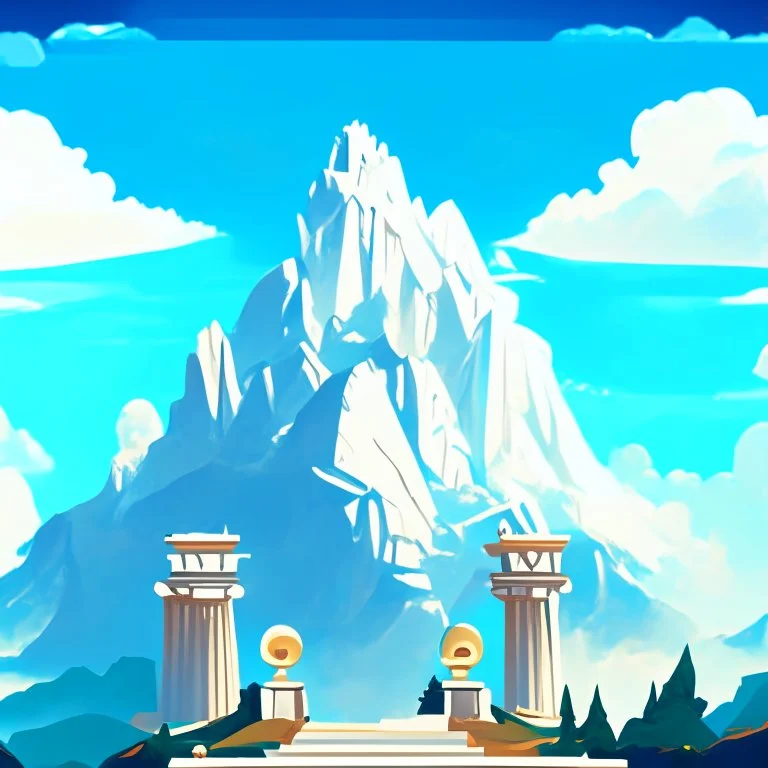 Mount Olympus from the greek mythology. Temples high up in the mountains. Cloudy and mysterious. Illustration.