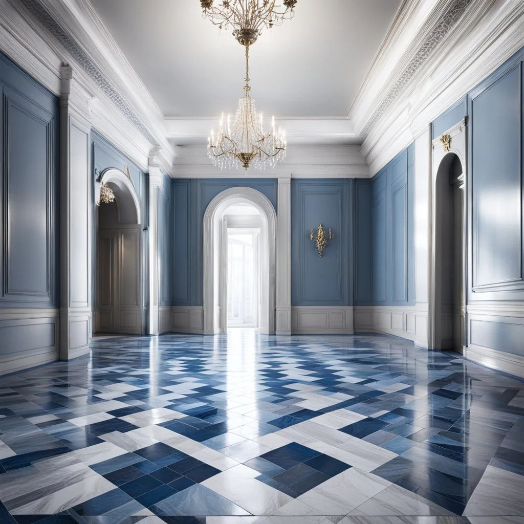 luxury hall ,tiled blue and gray large floor,