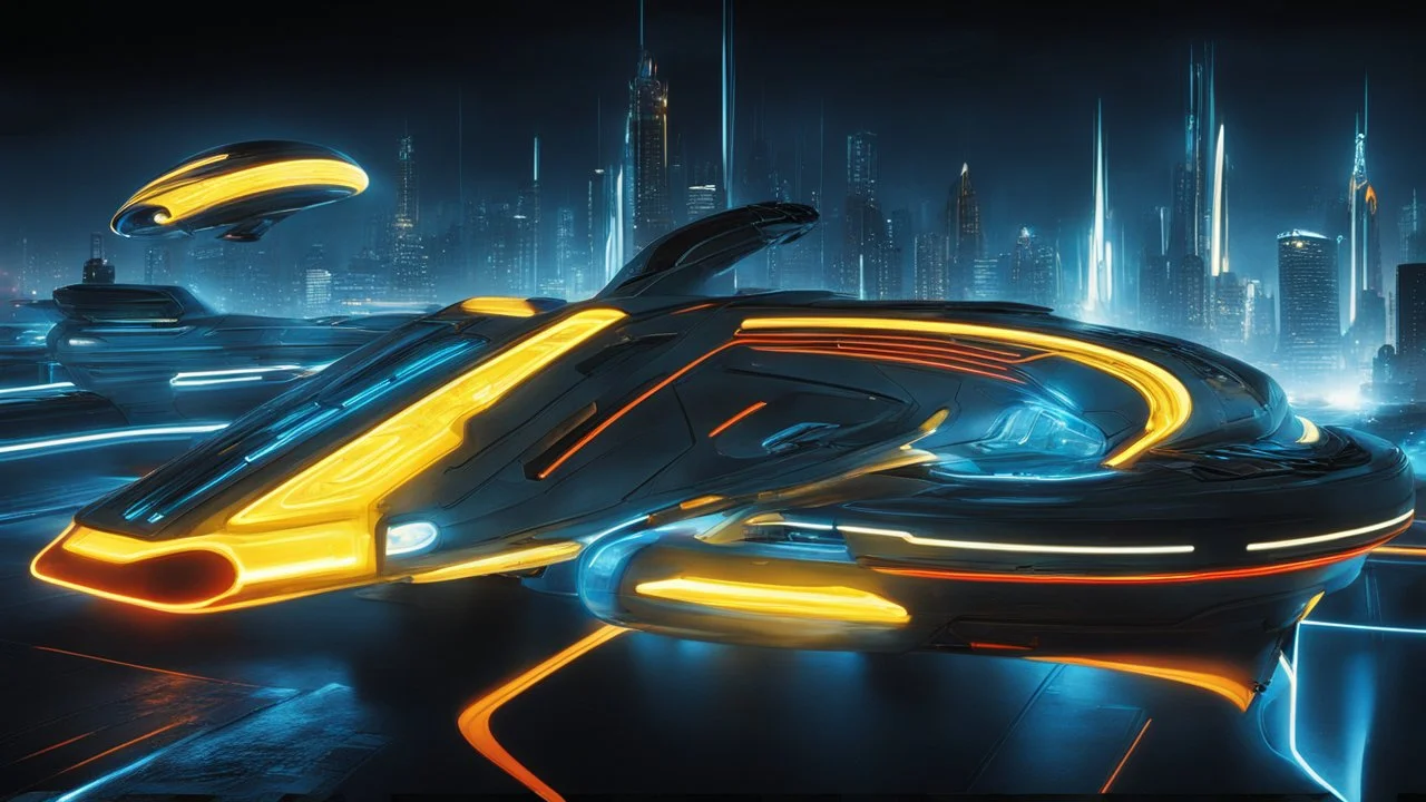 tron legacy movie, creatures,, space ships, city of the future, yellow, blue, red