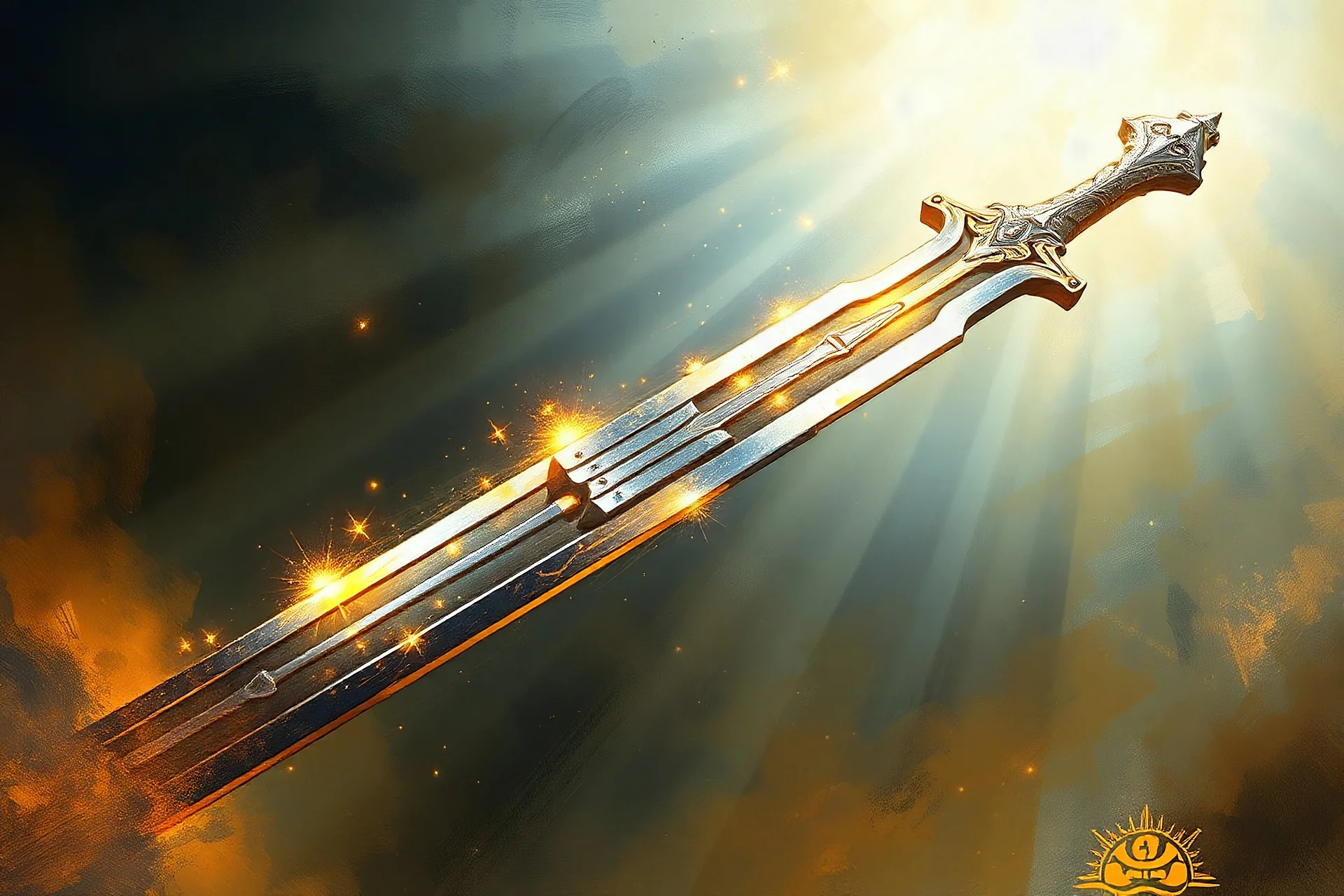 Excalibur, gold and silver, beams of white light, dramatic, realistic, fantasy, painterly, digital painting