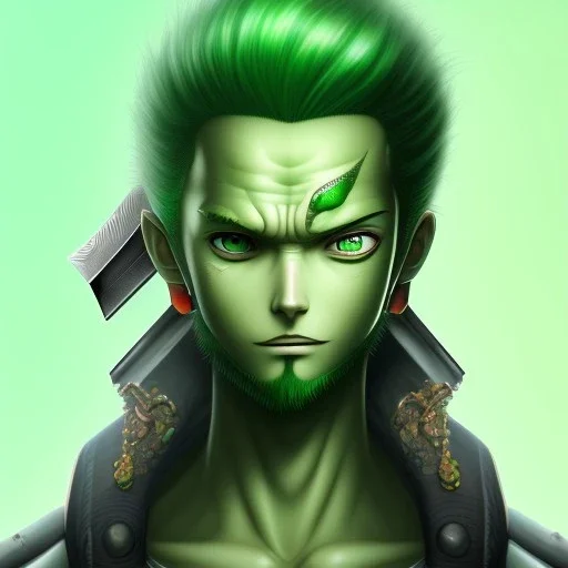 zoro, green hair, chainsawman, animestyle, denji, three chainsaw style, three sword style, majestic, soft pastel colors, soft smooth lighting, intricate detail, closed left eye, three sword, full body, sword handle in mouth, tan skin,