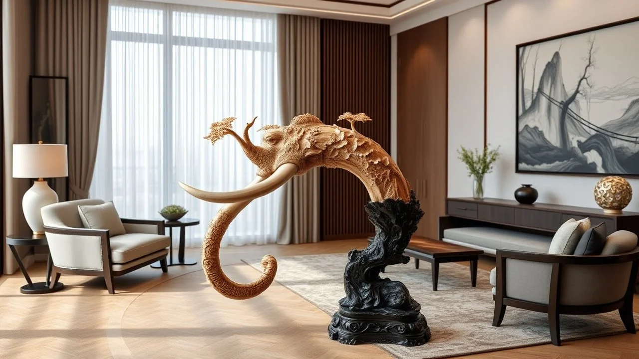 an elephant tusk beautifully and detailed carved with Chinese landscape with trees and waterfalls, The tusk stands in a beautifully carved ebony wood stand, the room is beautifully and detailed decorated with modern furniture