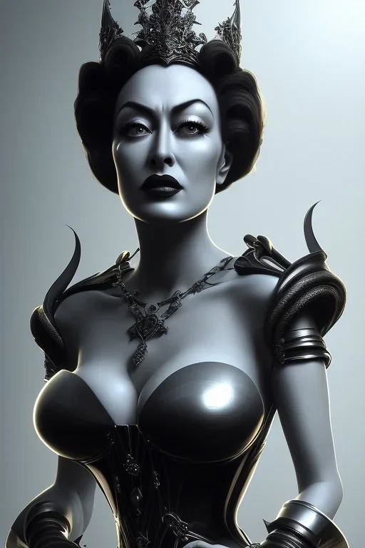 Joan Crawford as evil queen in black leather, busty, cleavage, dominatrix, curvy, angry, stern look. character design by cory loftis, fenghua zhong, ryohei hase, ismail inceoglu and ruan jia. unreal engine 5, artistic lighting, highly detailed, photorealistic, fantasy