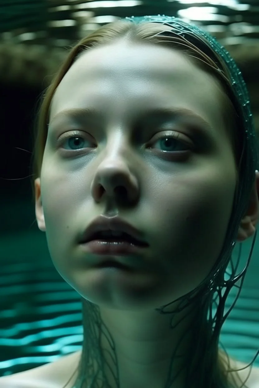 20 year old woman, sunken face, (A Cure for Wellness style, full figure