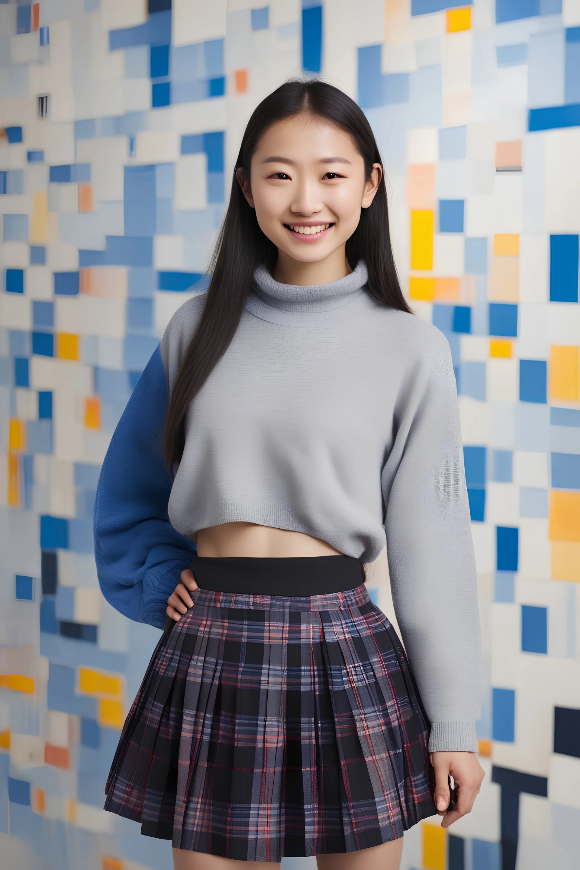 multicolored, neon lit, tiled floor -- smiling 18-year-old Samantha Shinzu, long, black hair, ponytail, blue eyes, short, pleated, plaid wool skirt, cotton blouse, a wool sweater, oxford shoes, and a neck scarf, professional quality studio 8x10 UHD Digital photograph, multicolored spotlight, Photorealistic, realistic stock photo,