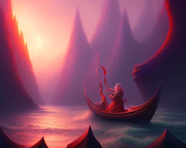 sango fantasy, fantasy magic, intricate, sharp focus, illustration, highly detailed, digital painting, concept art, matte, Greek mythology Charon ferryman in boat on river styx, sharp jagged rocks, red purple blue colours, red hot lava river