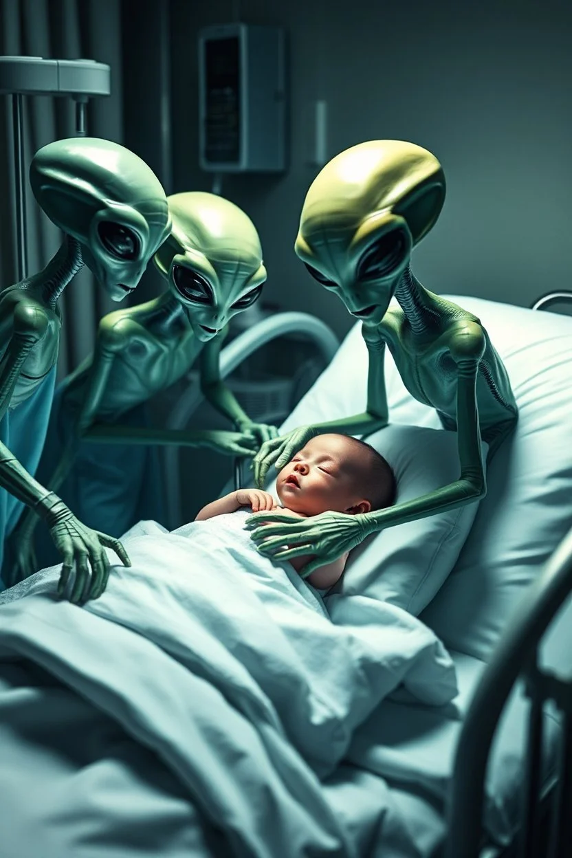 A new baby born in the hospital and the aliens nursing him around hospital babies bed