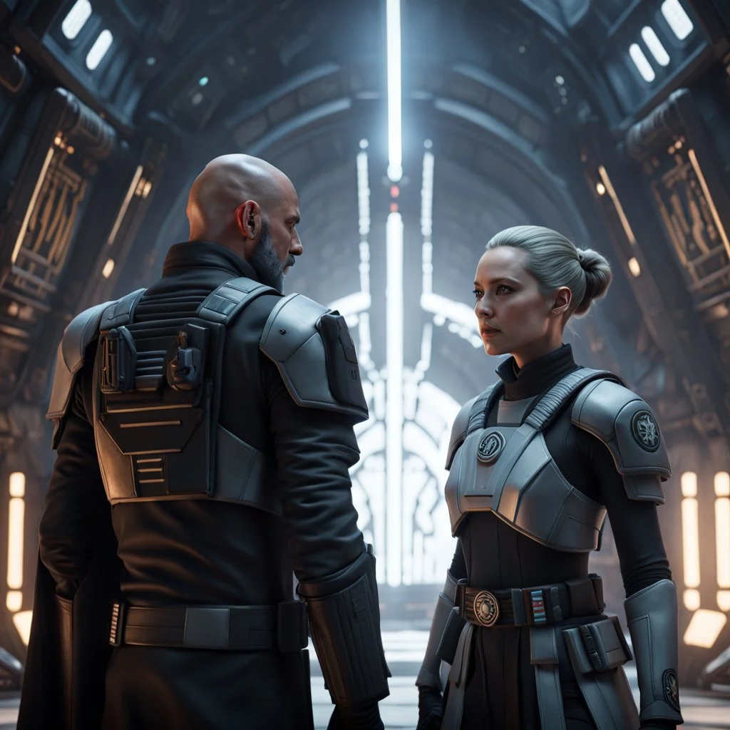 a bold and heroic bald male Corellian pilot in black and grey First Order special forces gear meets a female Jedi Master in ancient, mystical temple, hyperdetailed, dynamic lighting, hyperdetailed background, 8k resolution, volumetric lighting, light skin, fully symmetric details