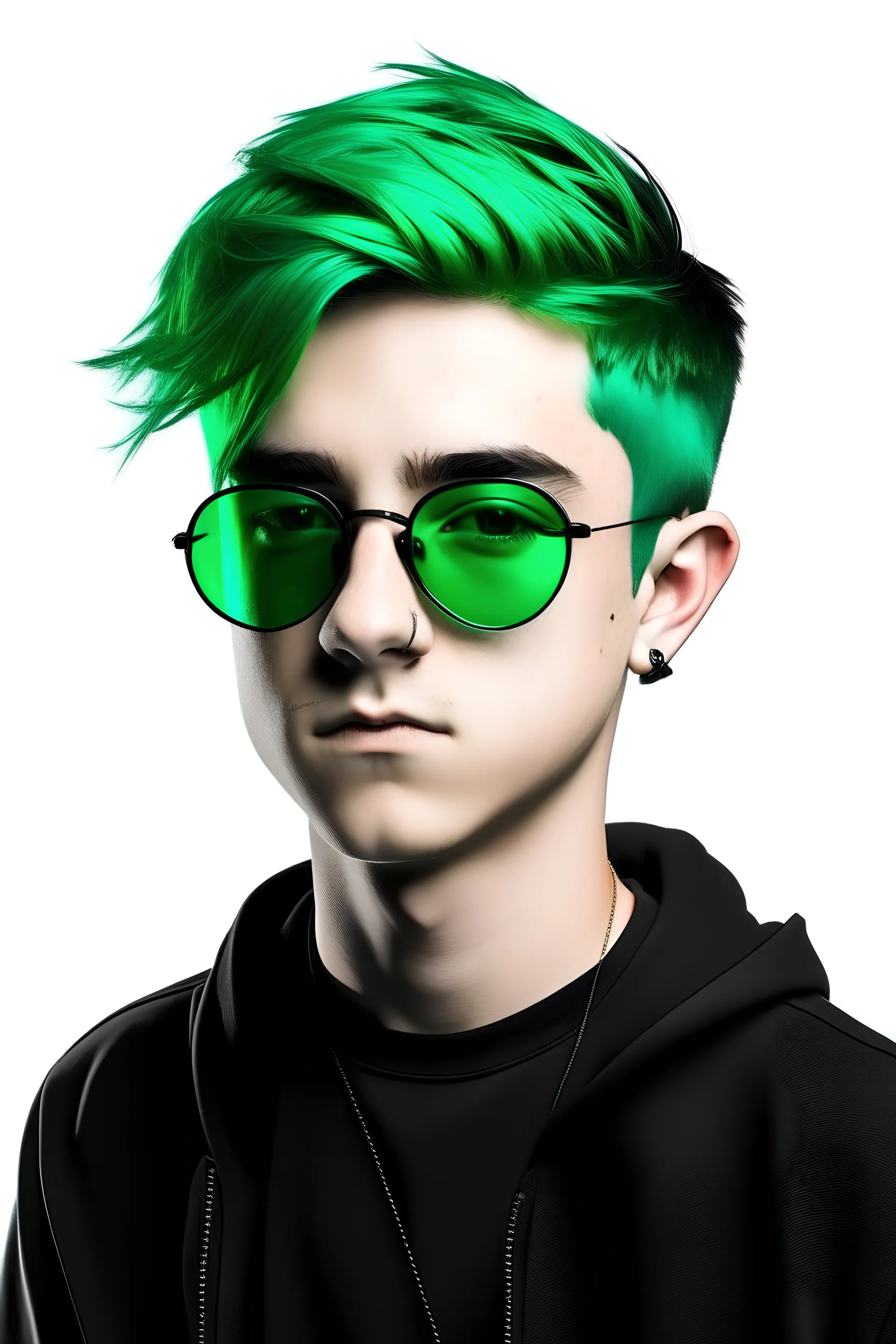 A boy with green hair and green eyes, wearing black clothes and sunglasses, and a white background