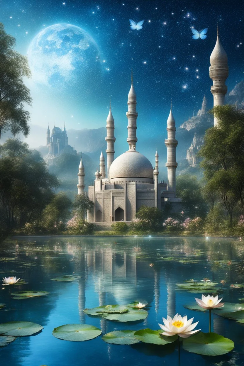 Wonderful islamic Mosque of a magic lake full of lotus flowers and fairytale castle in the background with sparkling white stars tiny electric blue butterflies