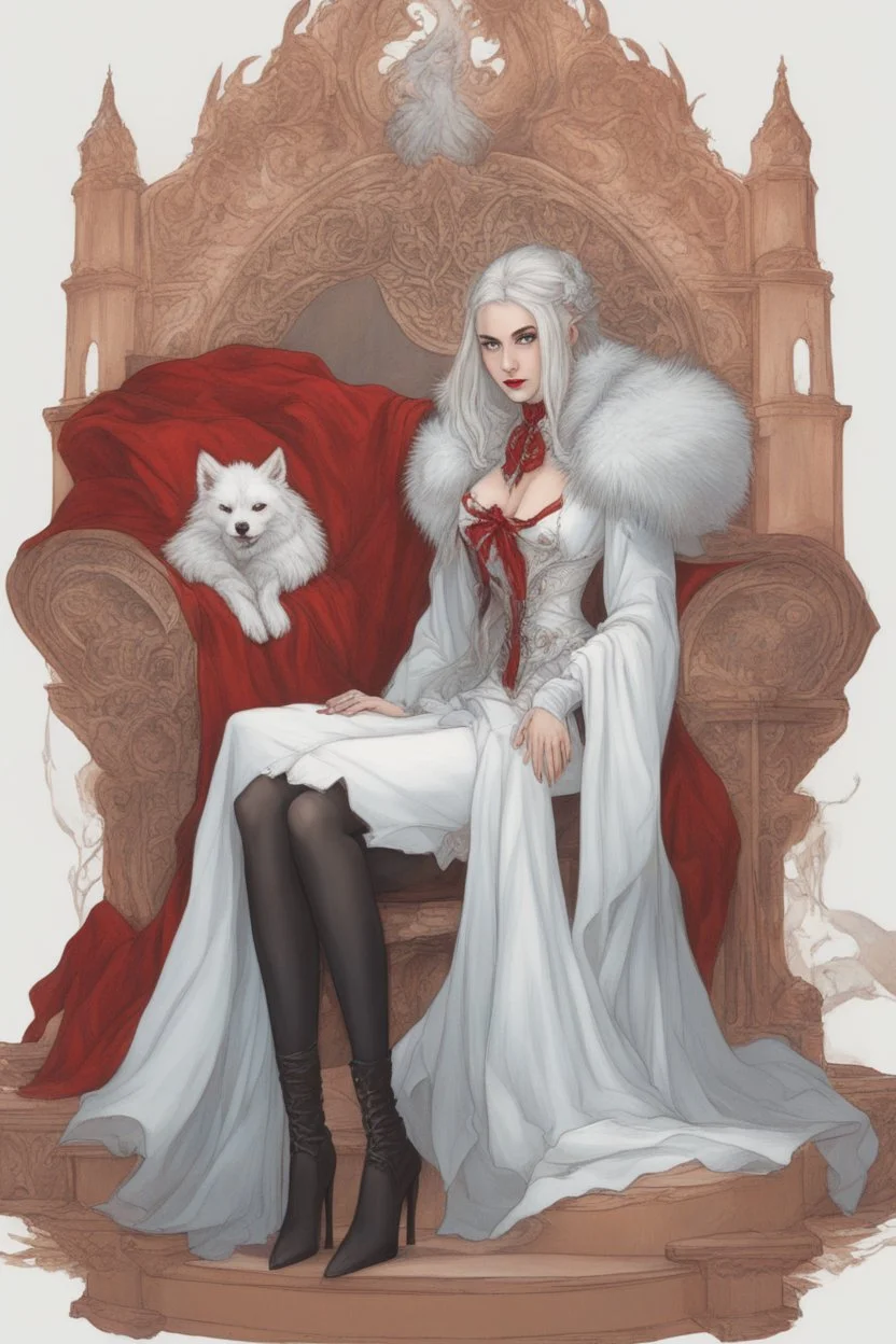 Beautiful white haired Vampire queen on her throne, drawing. Wearing a red cloak with a fur collar