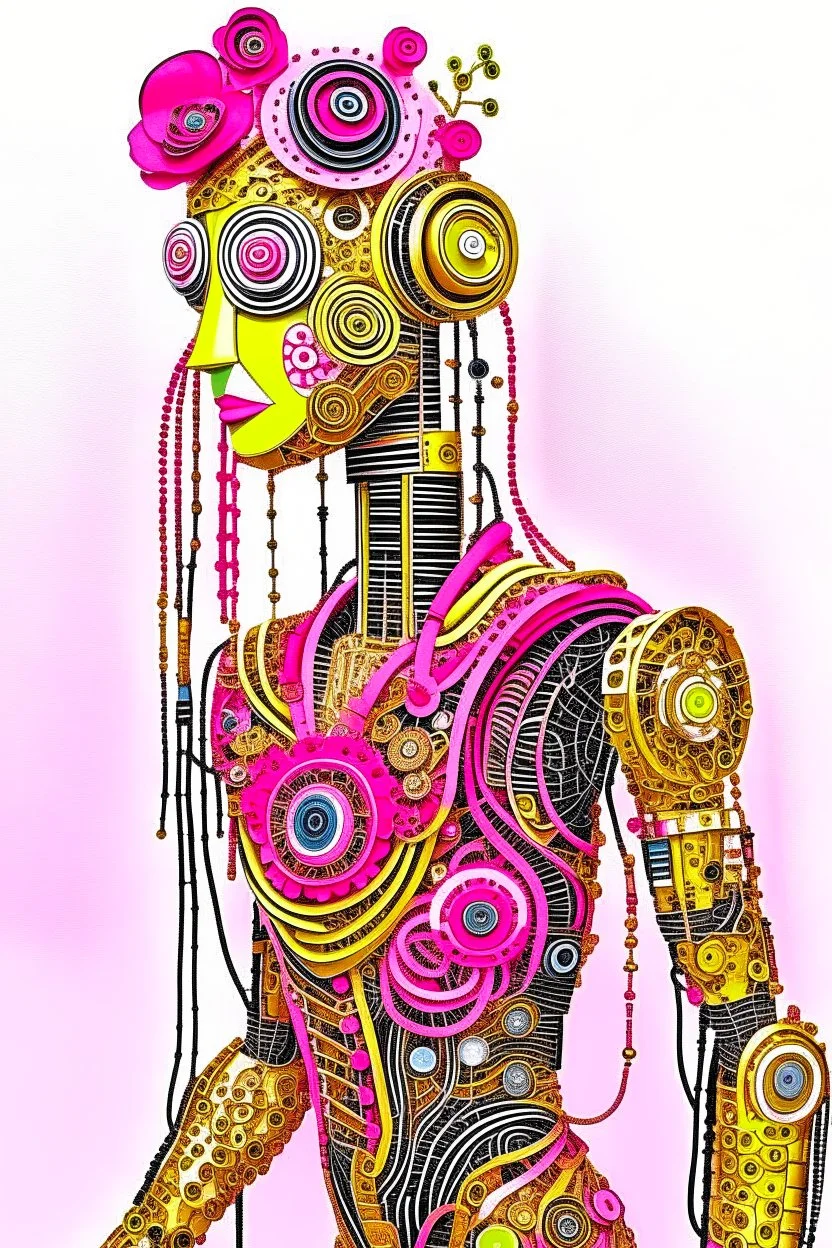 "AI, the Universe, and Everything"; is a pink gold metallic robot wearing a designer suit decorated with quilling found in nature such as feathers, foliage, flowers, and shells; Abstract art; Mixed Media; quilling